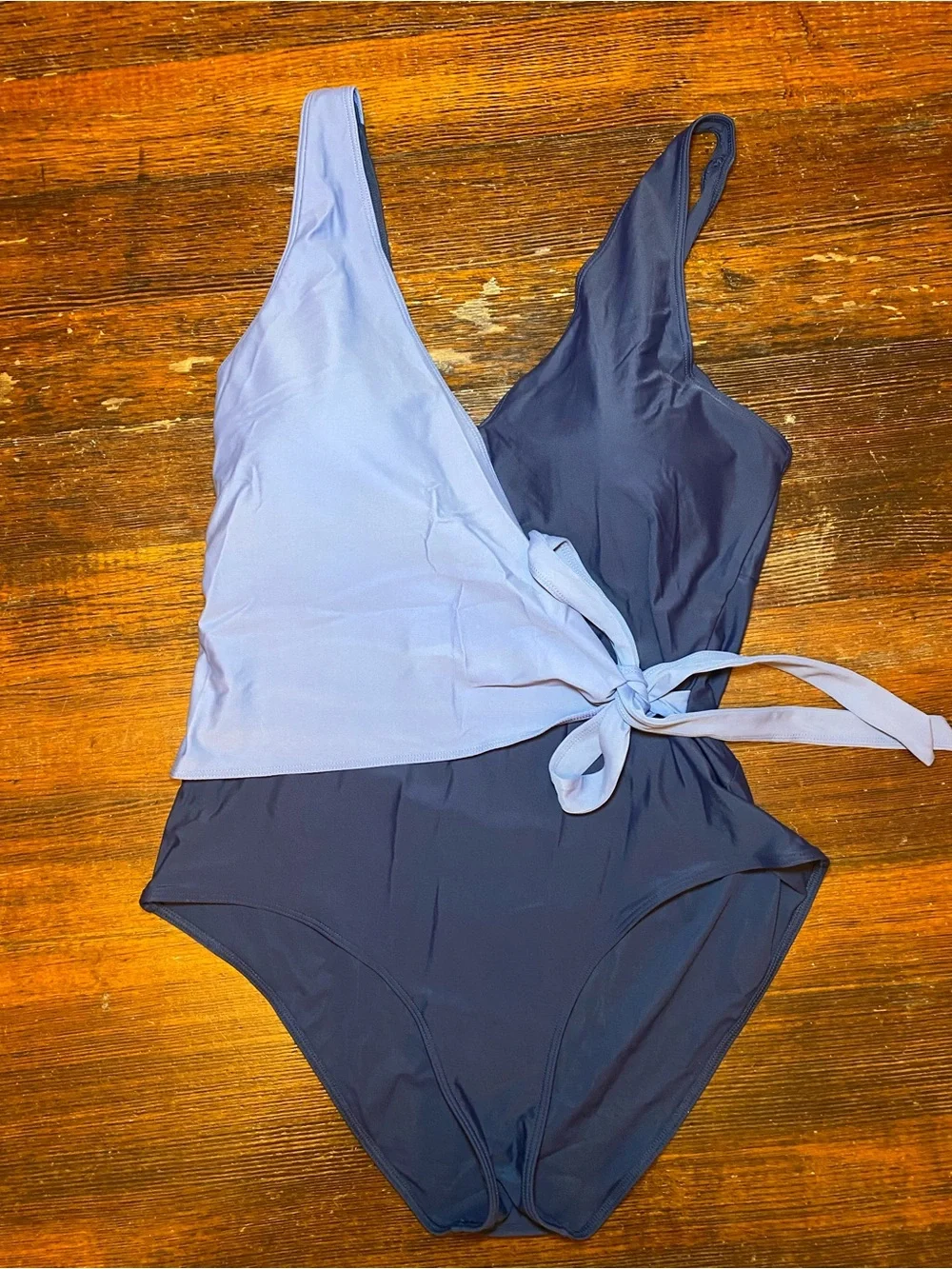 EUC Quince Italian Wrap Two-Tone Blue Crossover Front One-Piece Swimsuit